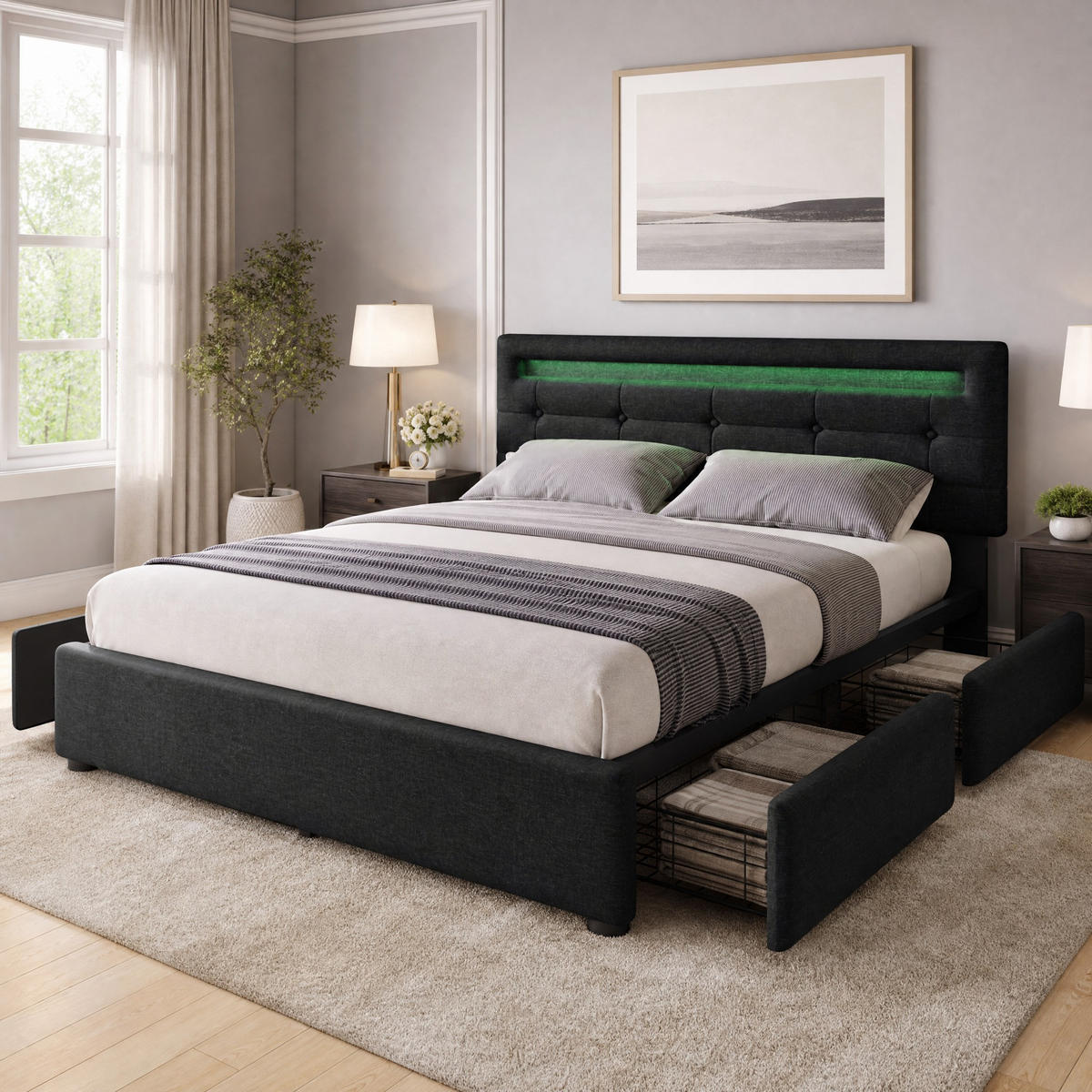 POLSTERBETT 140/200 mit LED, 4 Schubladen und verstellbarem Kopfteil in Schwarz - Schwarz, Holzwerkstoff/Textil (140/200cm) - EVRYAE