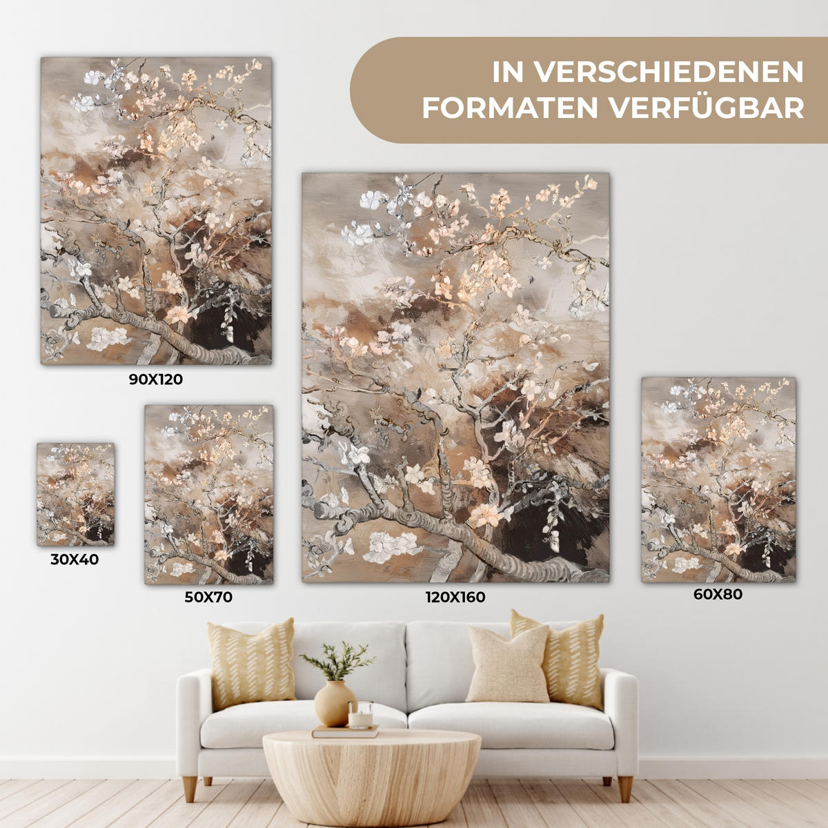 LEINWANDBILD Mandelblüte - Kunst - Van Gogh - Beige - Abstrakt 60x80 cm - Braun, Textil (60/80cm) - MuchoWow