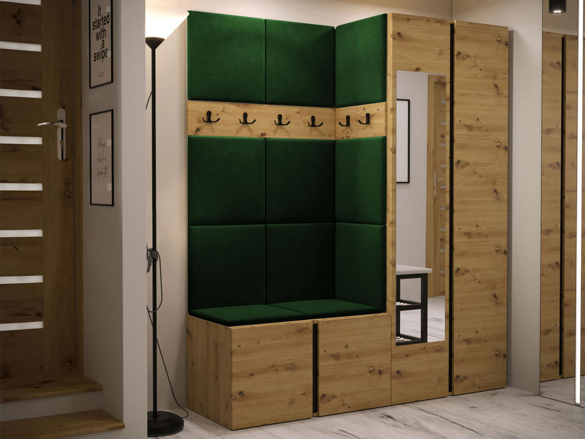 MOBILIER PENTRU HOL Orion XII - verde/stejar Artisan, material plastic/compozit lemnos (158/186/46cm) - MIRJAN24