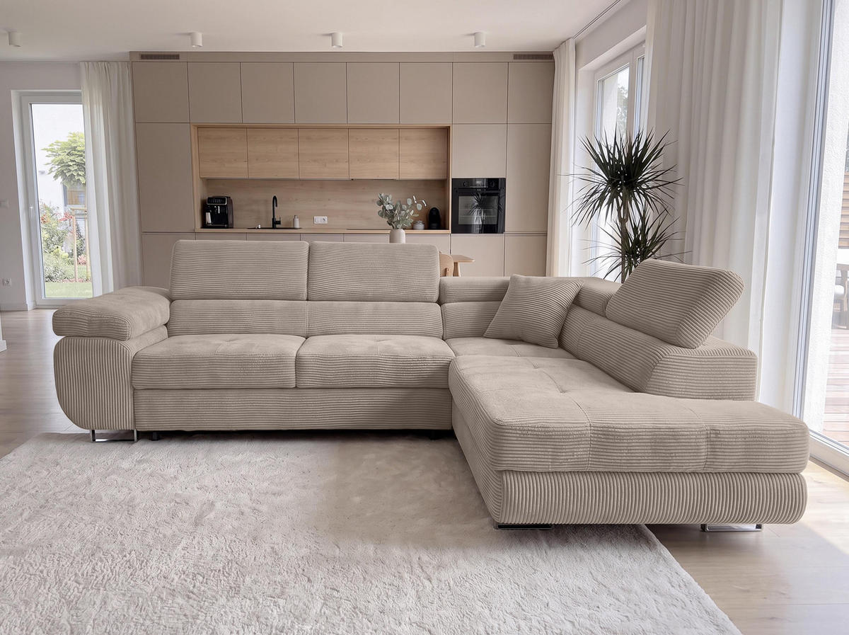 ECKSOFA L Form Konak Beige 276/201/90 cm Rechts mit Schlaffunktion - Beige/Silberfarben, Textil/Metall (276/203cm) - AX Living