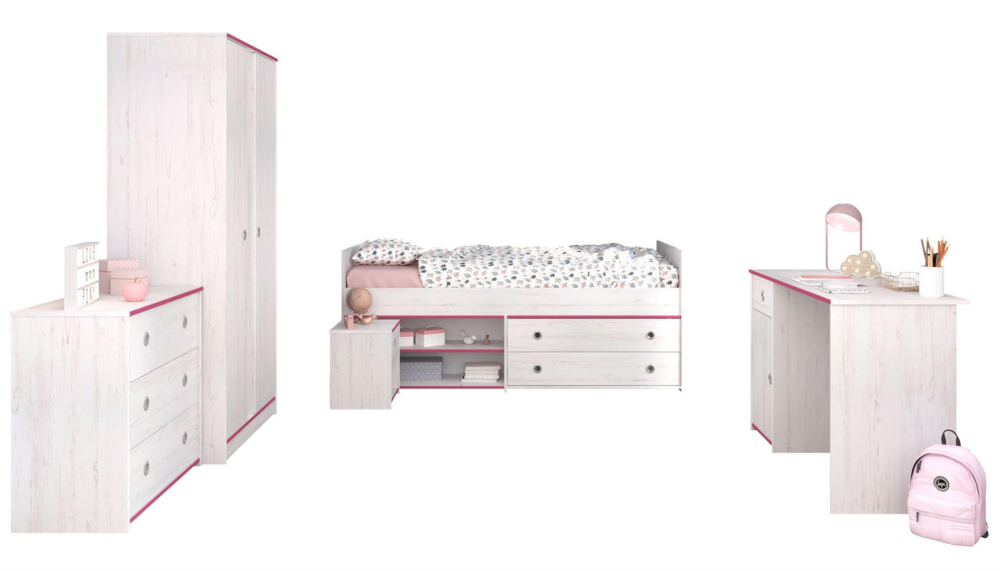 KINDERZIMMER-SET Pabloma 36b 5-tlg. Holznachbildung Kiefer Weiß/Pink - Pink/Weiß, Kunststoff (100/1/200cm) - 58aufmkessel