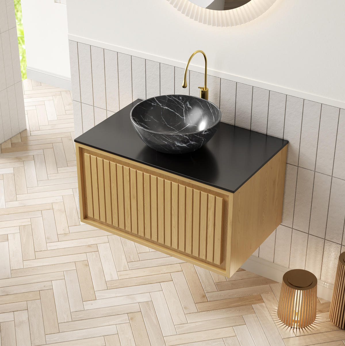 BADEZIMMERSCHRANK mit Waschtisch 61 cm Schwarz/Golden Oak - Schwarz, Holzwerkstoff (48/55.1/76cm) - Beauniv