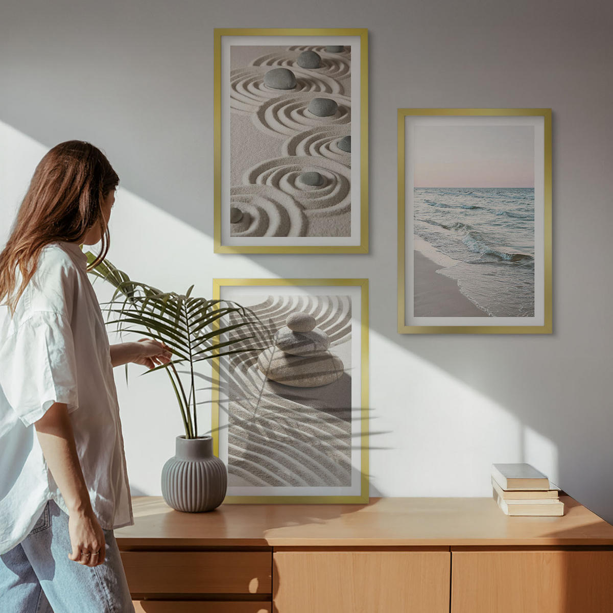 BILDER SET 3er Set - 40x60 cm Goldrahmen - Wellen, Sand, Wasser, Steine, Strand - Goldfarben, Kunststoff (40/60cm) - TULUP