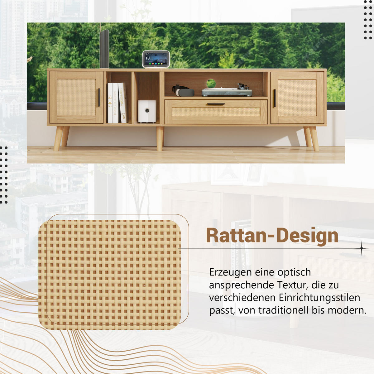 LOWBOARD 180 cm Eiche aus Spanplatte mit Rattan-Dekor - Eichefarben, Holzwerkstoff (40/54/180cm) - OKMYHOME
