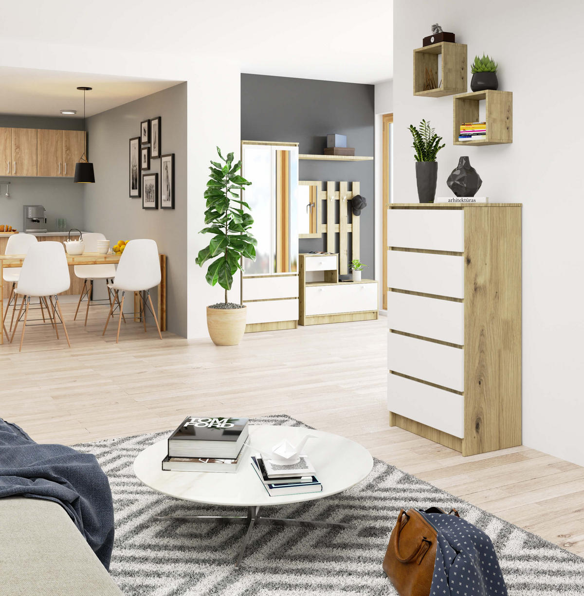 KOMMODE Eiche Artisan, Weiß 121/60/40 - Eiche Artisan/Weiß, Holzwerkstoff (60/121/40cm) - RAUMHIRSCH FURNITURE