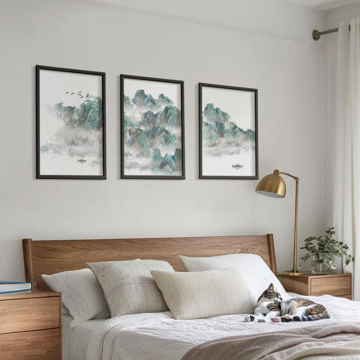 WANDBILDER 3er-Set - 40x60 cm Schwarzer Rahmen - Berge, Wolken, Vögel, Boot, Japandi - Schwarz, Kunststoff (40/60cm) - ArtPrintCave