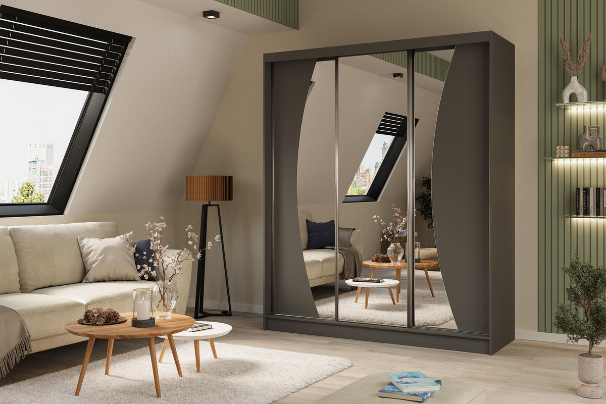 KLEIDERSCHRANK mit Spiegel-Schiebetüren und Aluminium-Leisten, LED-Beleuchtung (- VOXI - 180 cm Grau - Grau, Holzwerkstoff (180/216/61cm) - ALTDECOR