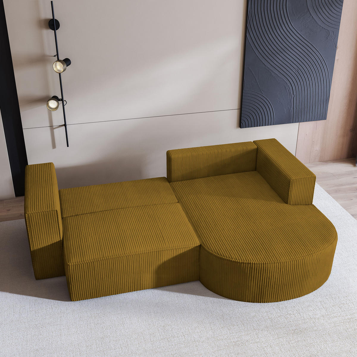 ECKSOFA SORELA P R-S Gelb Kordstoff mit Schlaffunktion - Gelb, Holz (263/174cm) - MASSENO