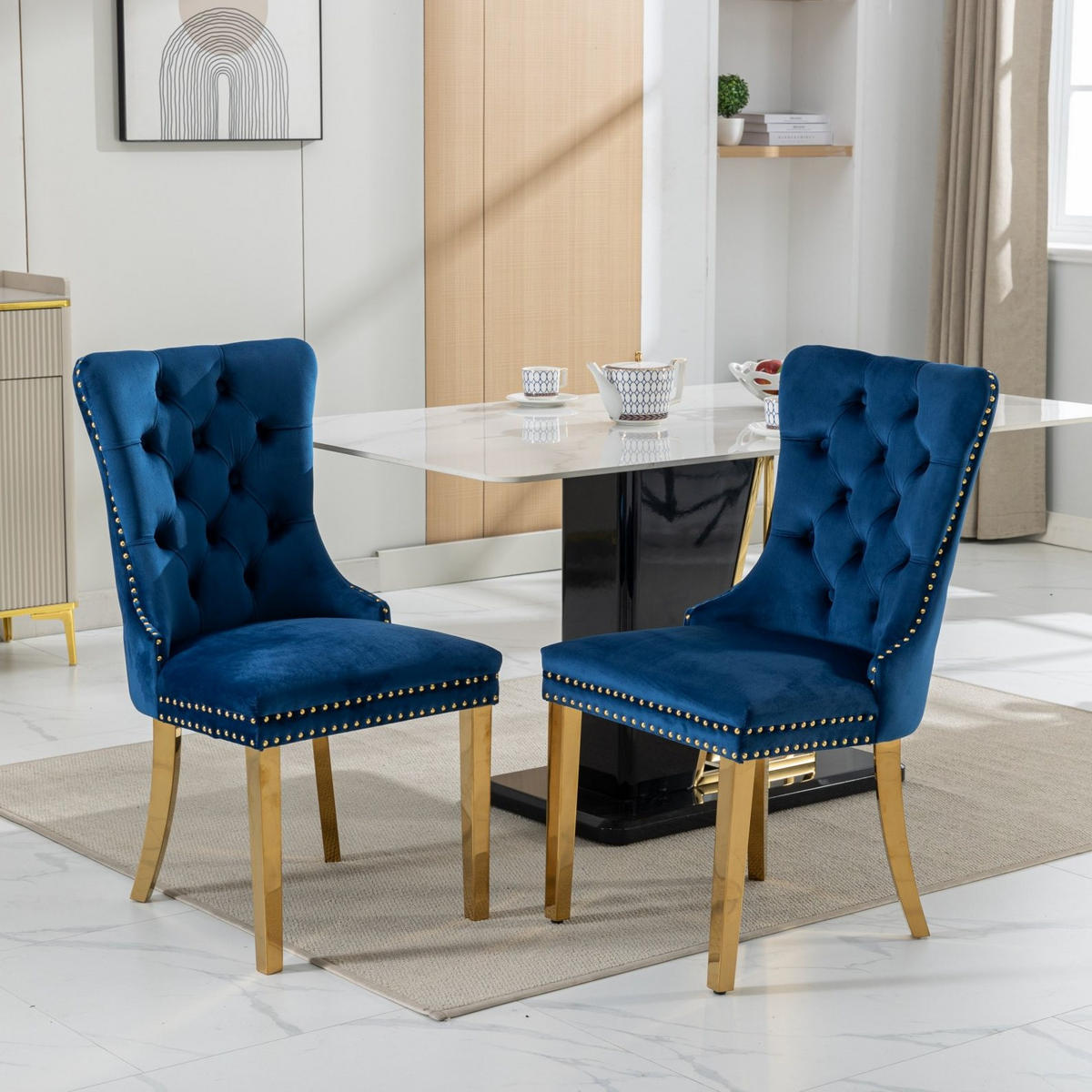 ESSZIMMERSTUHL mit hoher Rückenlehne Samt Blau 2er-Set - Blau, Metall (50/95/65cm) - Meubliv
