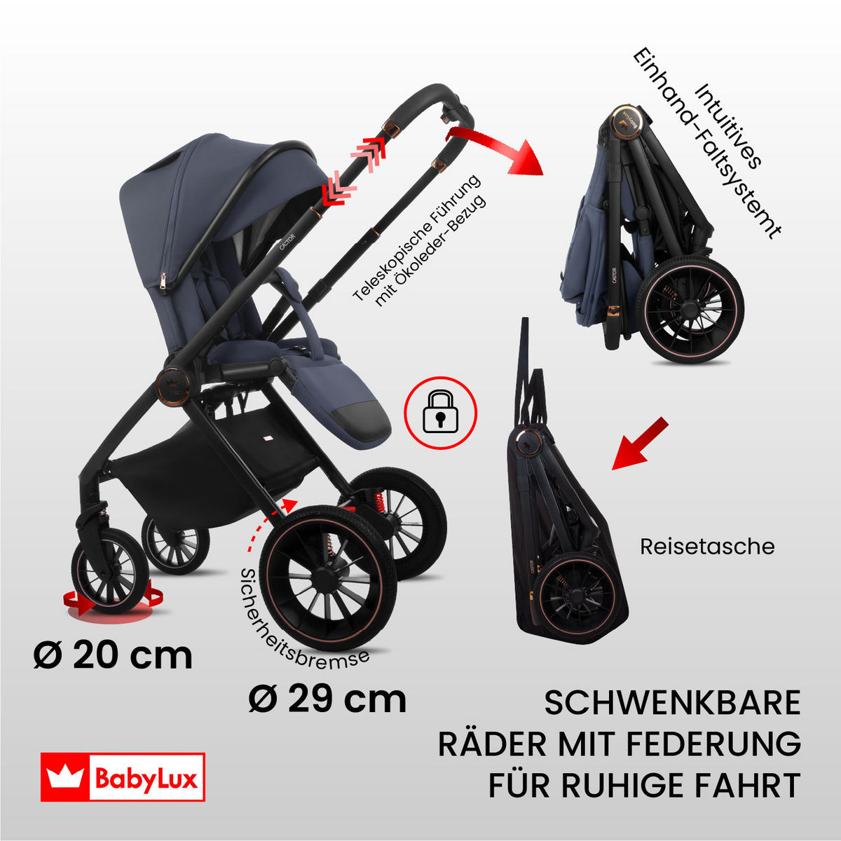 KINDERWAGEN Castor 4in1 Grau Babywanne, Reisebuggy, Autositz, Isofix Basis - Schwarz/Grau, Textil/Metall (58/98cm) - BabyLux