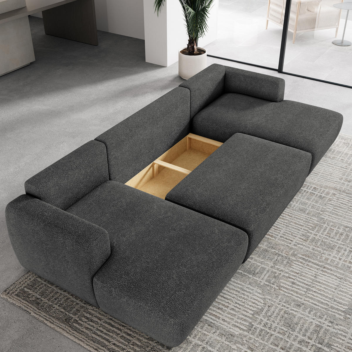 WOHNLANDSCHAFT SENTUM N Grau Boucle-Stoff mit Schlaffunktion - Grau, Holz (330/90/148cm) - MASSENO