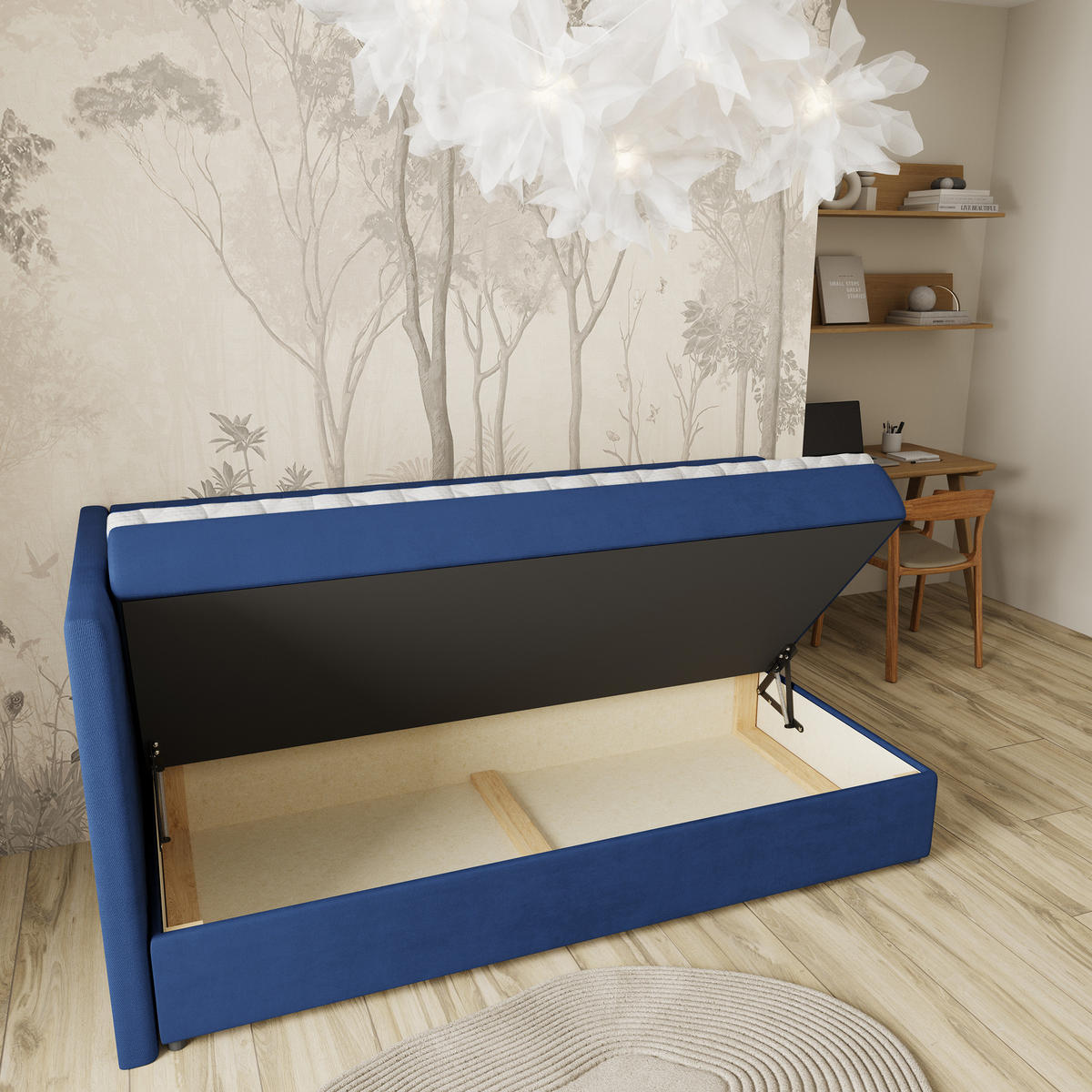 BOXBETT ARIS 80x200 cm mit Matratze und Topper, H2+H3 - Blau - Blau, Holz (80/200cm) - MASSENO