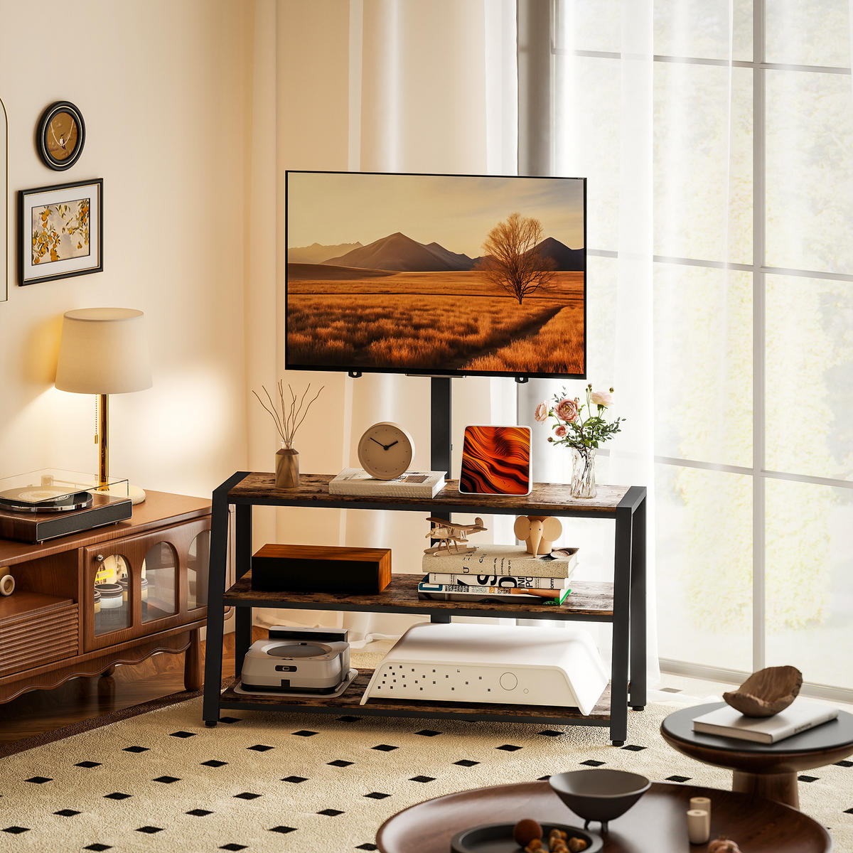 TV-SCHRANK Braun/Schwarz 108/41/135 cm, Mit TV-Halterung, Schwenkbar, Offene Fächer - Braun, Holzwerkstoff (108/135/41cm) - PANGIVO