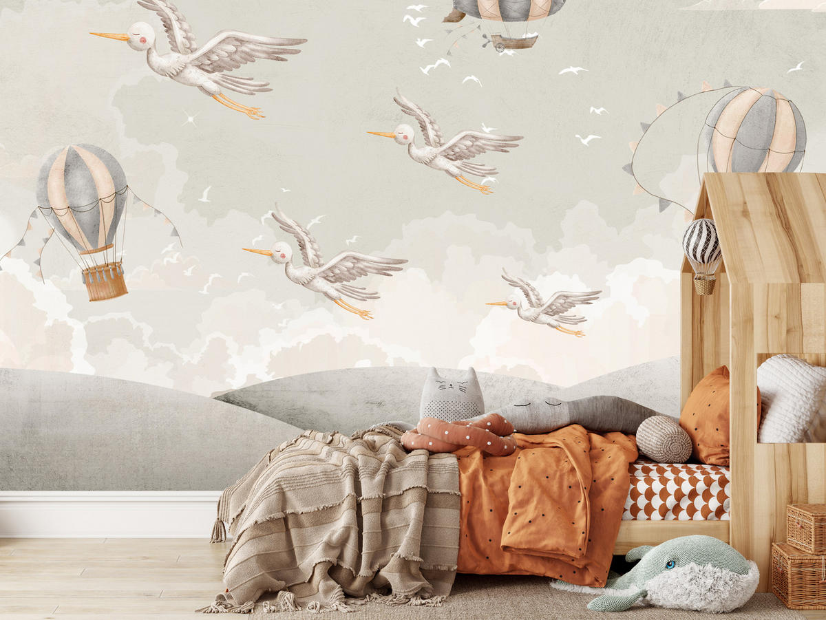 FOTOTAPETE für Kinderzimmer Boho Störche Aquarell Balon Luftschiff Himmel 450x315 - Beige/Weiß, Papier (450/315cm) - Muralo