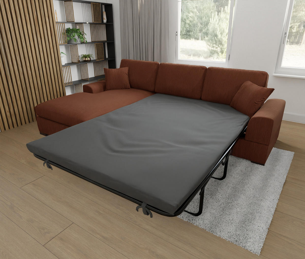ECKSOFA Saga Terrakotta Cord - Terracotta/Schwarz, Holz/Buchenholz (306/184cm) - S-Style Möbel