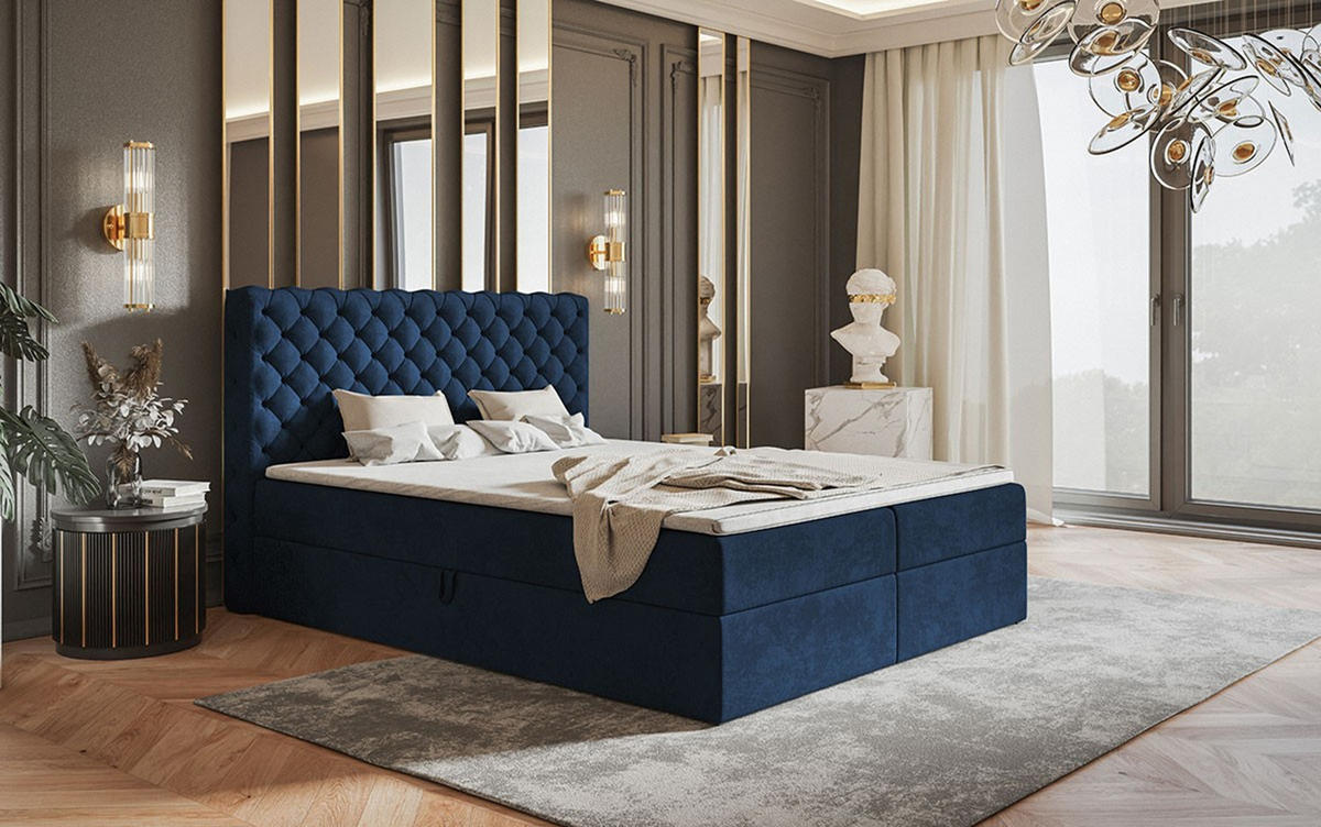 BOXBETT Bonio VIII 120/200 cm in Blau – mit Bettkasten und Topper - Blau/Schwarz, Holz/Holzwerkstoff (120/200cm) - AX Living