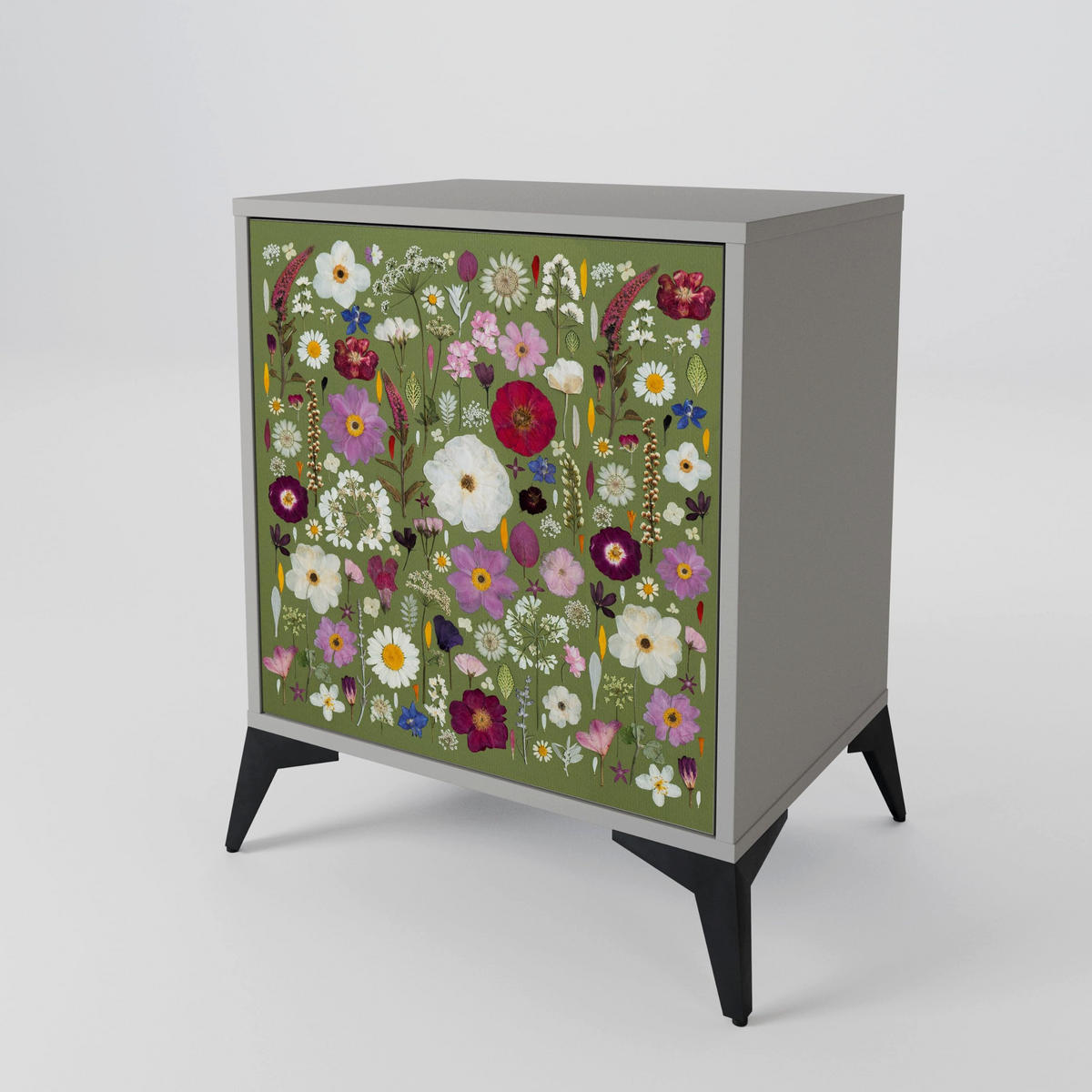 SIDEBOARD WILD GARDEN, Grau, 57,5x42x67,5 cm, Schwarze Metall-Rahmenfüße - Multicolor/Schwarz, Holzwerkstoff/Metall (57.5/67.5/42cm) - SpaceRebels