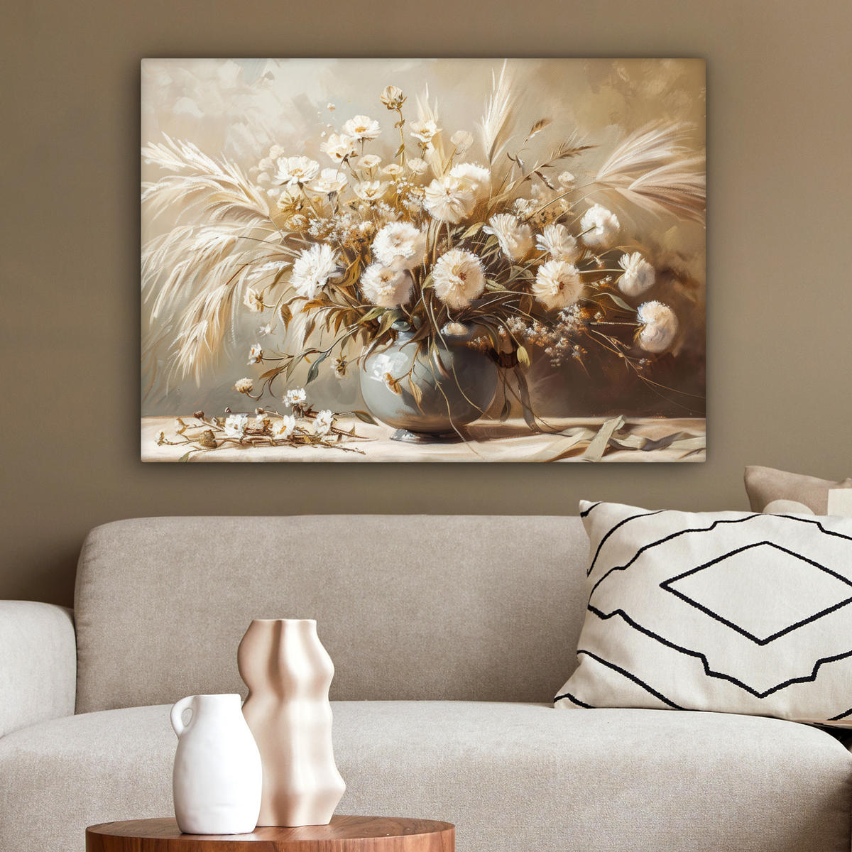 LEINWANDBILD Blumen - Vase - Stilleben - Beige Wandbilder 80x60 cm - Creme, Textil (80/60cm) - MuchoWow