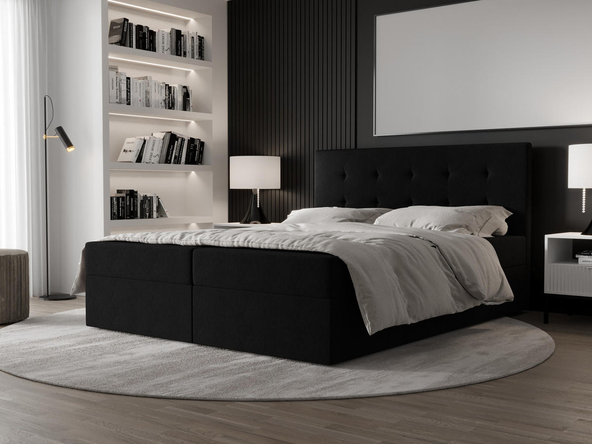 BOXBETT Dahlina 140/200 cm in Schwarz – mit Bettkasten und Luxus & Funktionalität - Schwarz, Holz/Holzwerkstoff (140/200cm) - AX Living