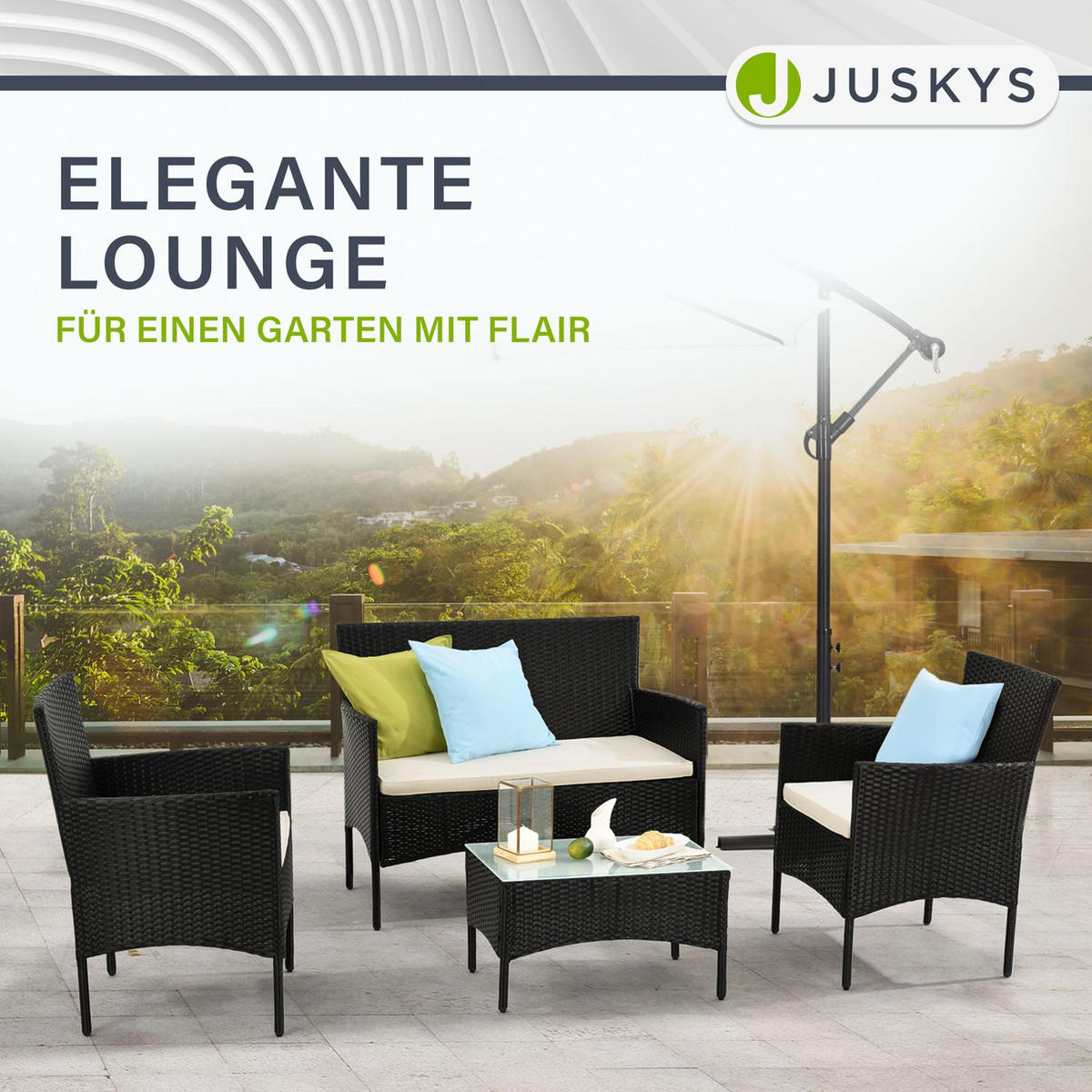 GARTENSET Fort Myers schwarz / cremeweiß - Creme/Schwarz, Kunststoff/Metall - Juskys