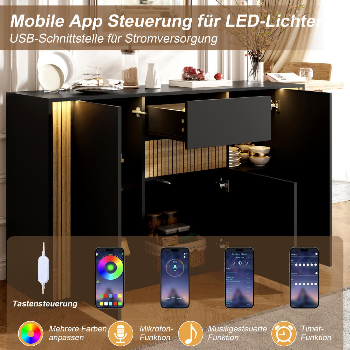 SIDEBOARD 140x40x82cm Schwarz mit LED und 3 Türen - Schwarz/Naturfarben, Holzwerkstoff (140/82/40cm) - FLIEKS