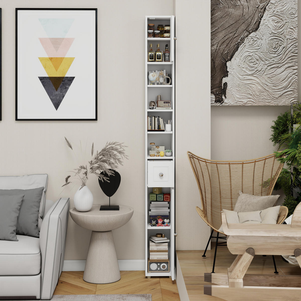 BADEZIMMERSCHRANK hoch & schmal 180 cm – freistehend mit 1 Schublade, 2 Türen & 4 verstellbaren Regalen, Weiß - Weiß, Holz (20/180/20cm) - Ej. Life