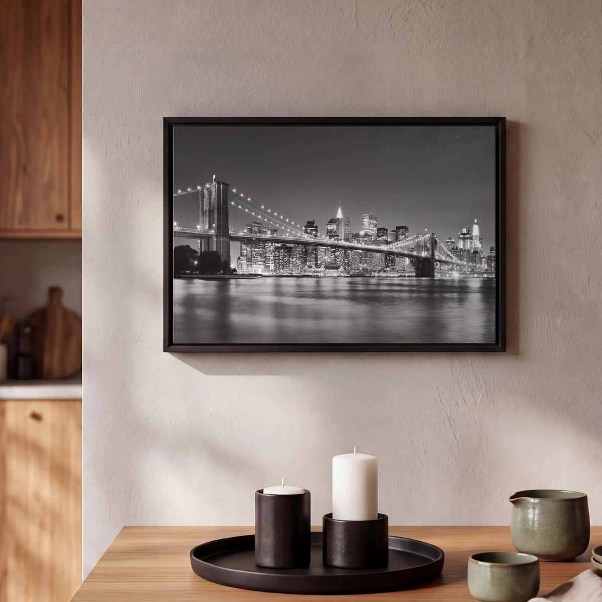 LEINWAND Bilder mit Rahmen - New York - Brücke - Brooklyn - Schwarz und weiß - Architektur - 30x20 - Schwarz, Textil (30/20cm) - MuchoWow
