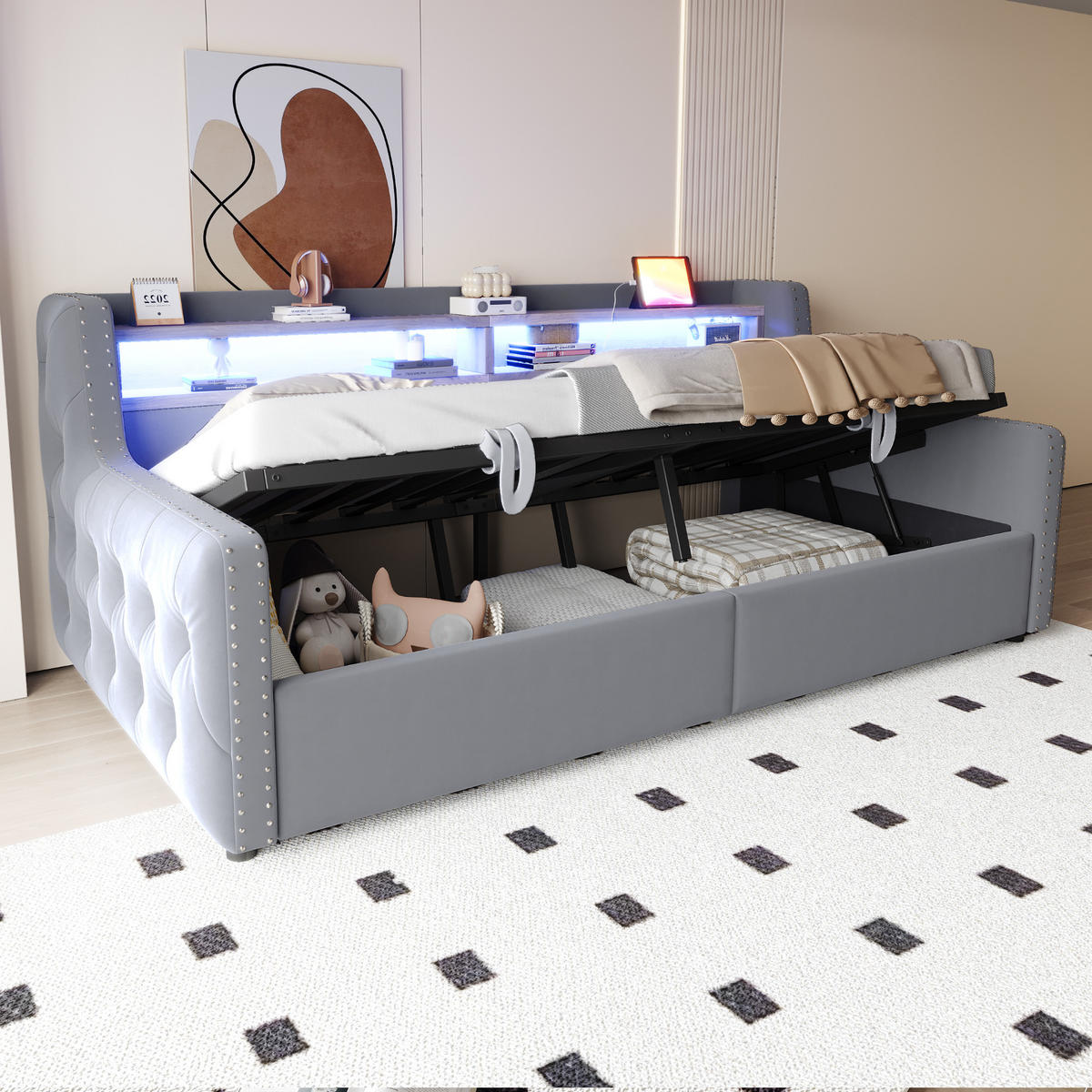 POLSTERBETT 90x200 cm LED USB Stauraum hellgrau - Hellgrau, Textil (90/200cm) - LEBENLANG