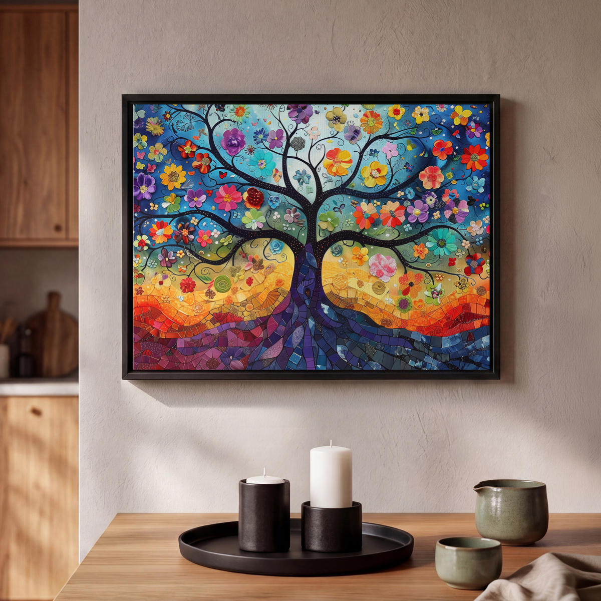 LEINWAND Bilder mit Rahmen - Kunst - Baum des Lebens - Blumen - Hippie - 40x30 - Dunkelblau, Textil (40/30cm) - MuchoWow