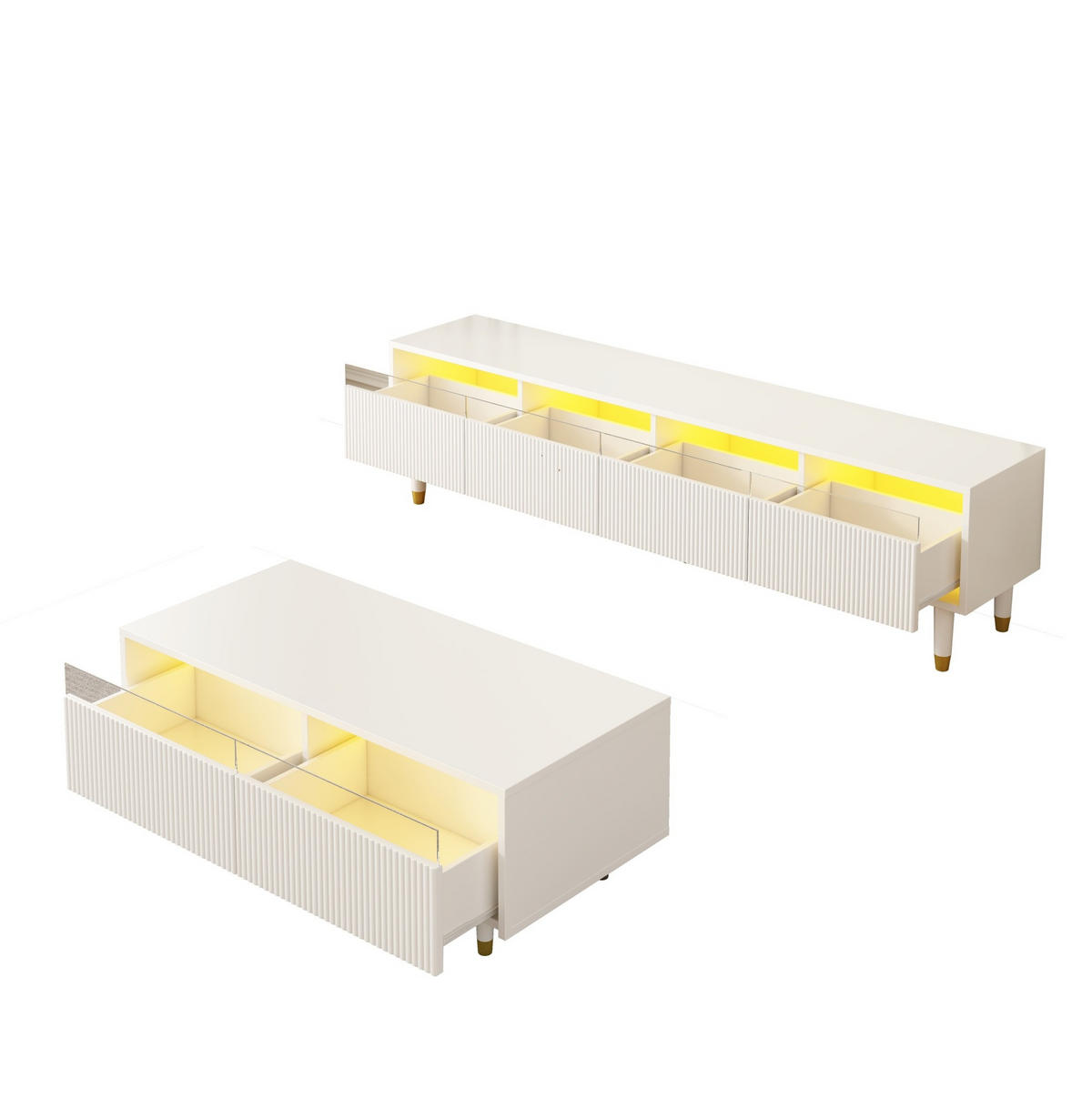 MODERNES LED-Möbelset, Couchtisch und TV-Schrank in Weiß 110/50/40 cm & 178/35/45 cm - Weiß, Holzwerkstoff (178/45/90cm) - Redom