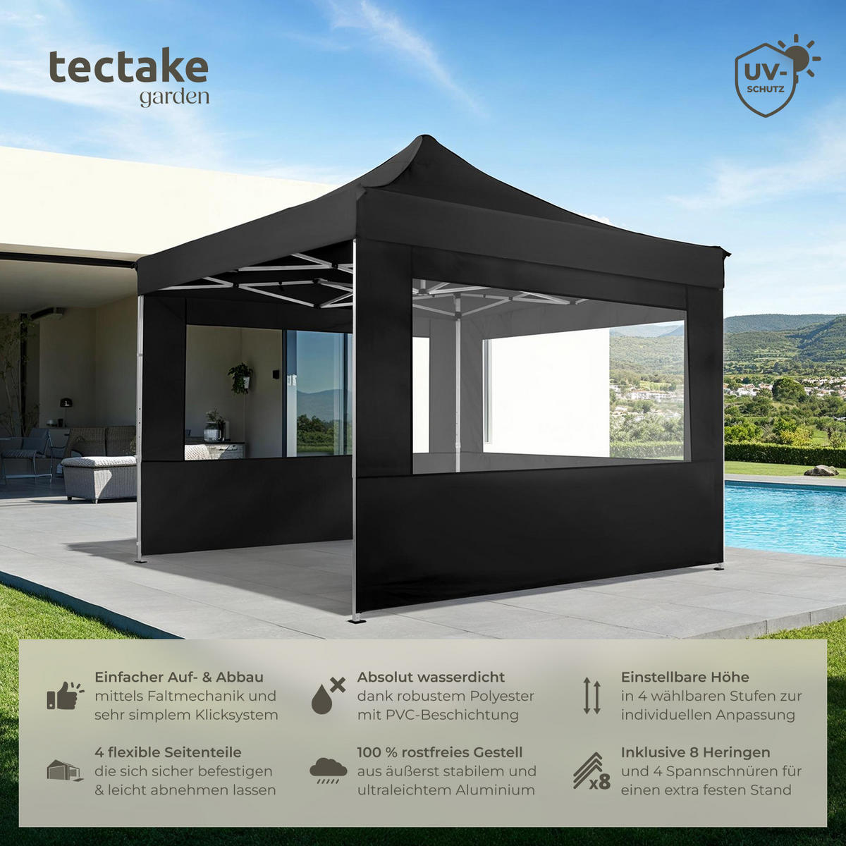 PAVILLON Olivia,inklusive Spannseilen, Heringen und Tragetasche,schwarz - Schwarz, Kunststoff (300/280/300cm) - tectake
