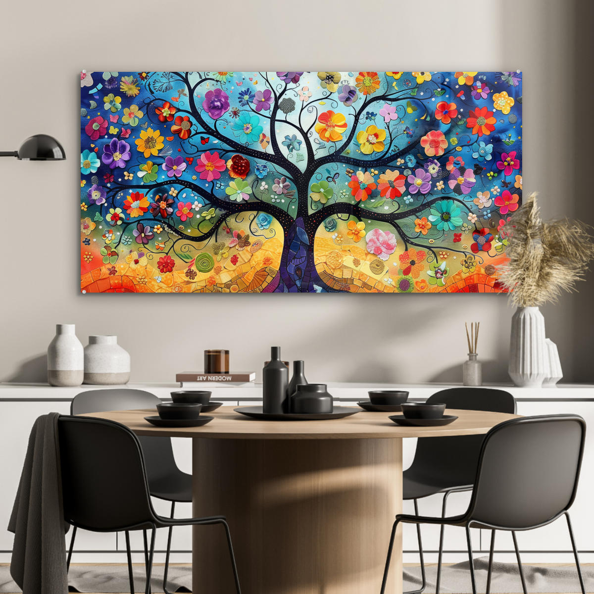 OBRAZ NA AKRYLOVOM SKLE Umenie - Strom života - Kvety - Hippie 120x60 cm - tmavomodrá, sklo (120/60cm) - MuchoWow