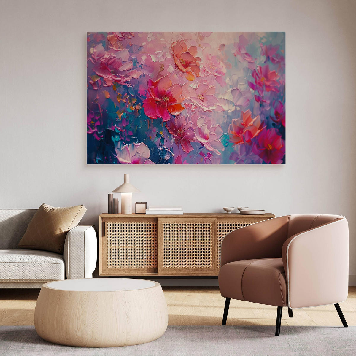 LEINWANDBILD Abstraktion Blumen Malarei 90x60 cm - Blau/Rot, Textil (90/60cm) - Muralo