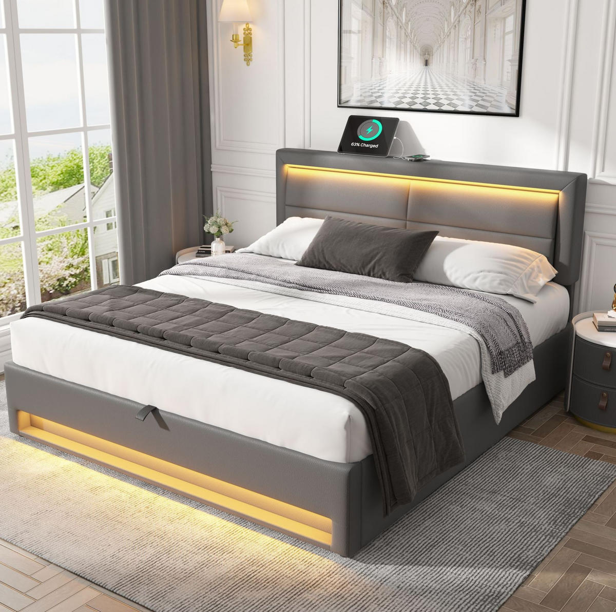 POLSTERBETT 140/190 cm aus PU mit USB-Anschluss, kabellosem Laden, LED-Beleuchtung und Stauraum, Grau - Grau, Leder (140/190cm) - Redom