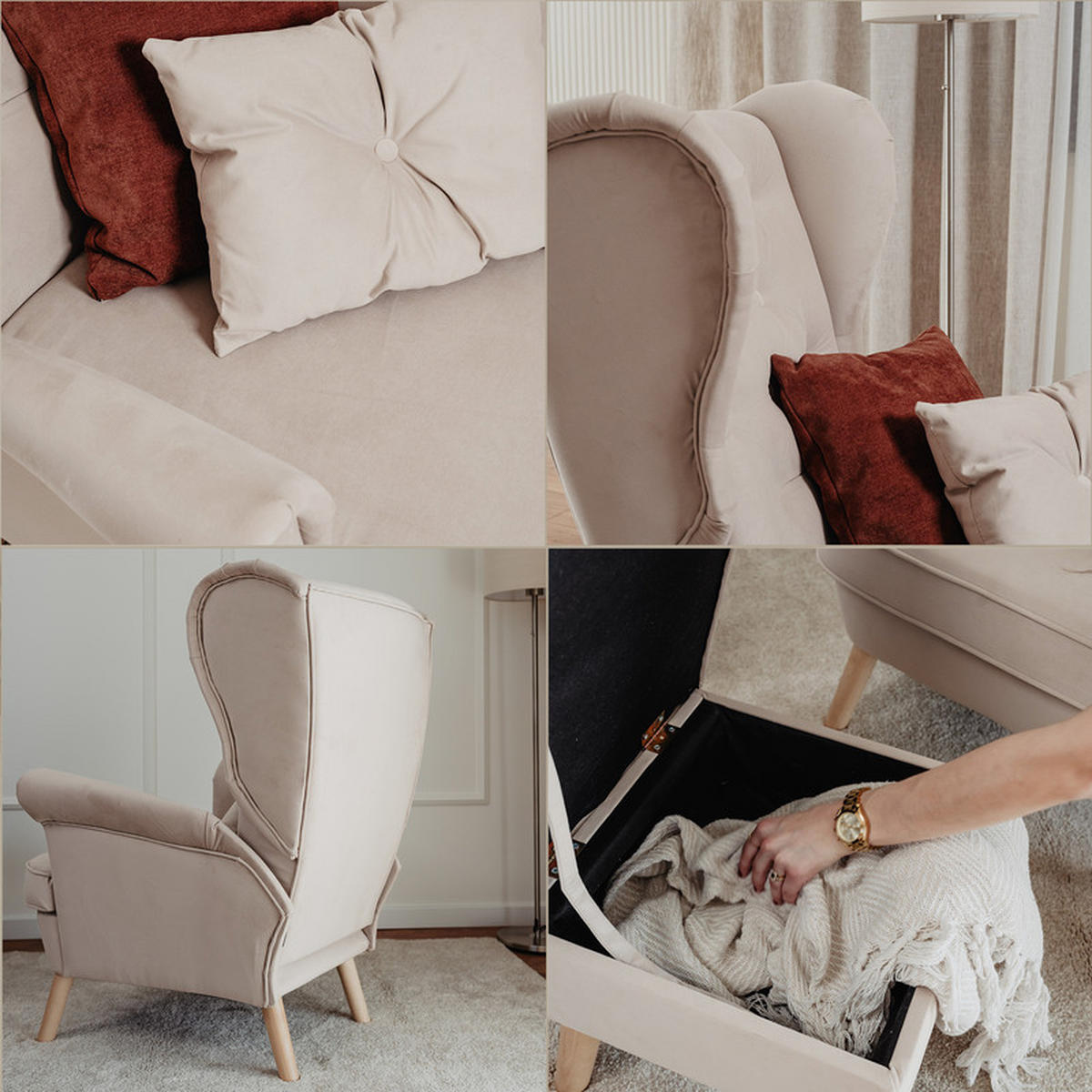 SESSEL CLASSIC mit Fußhocker und Buchenholzfüßen, Beige - Beige, Holz/Textil (92/107/80cm) - Idohome