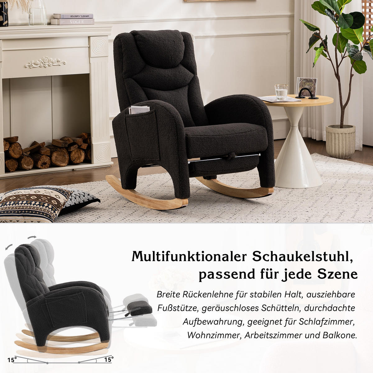 SCHAUKELSTUHL Dunkelgrau Teddy mit Klappbare Pedale - Dunkelgrau, Textil (125/101/66cm) - Oxeza