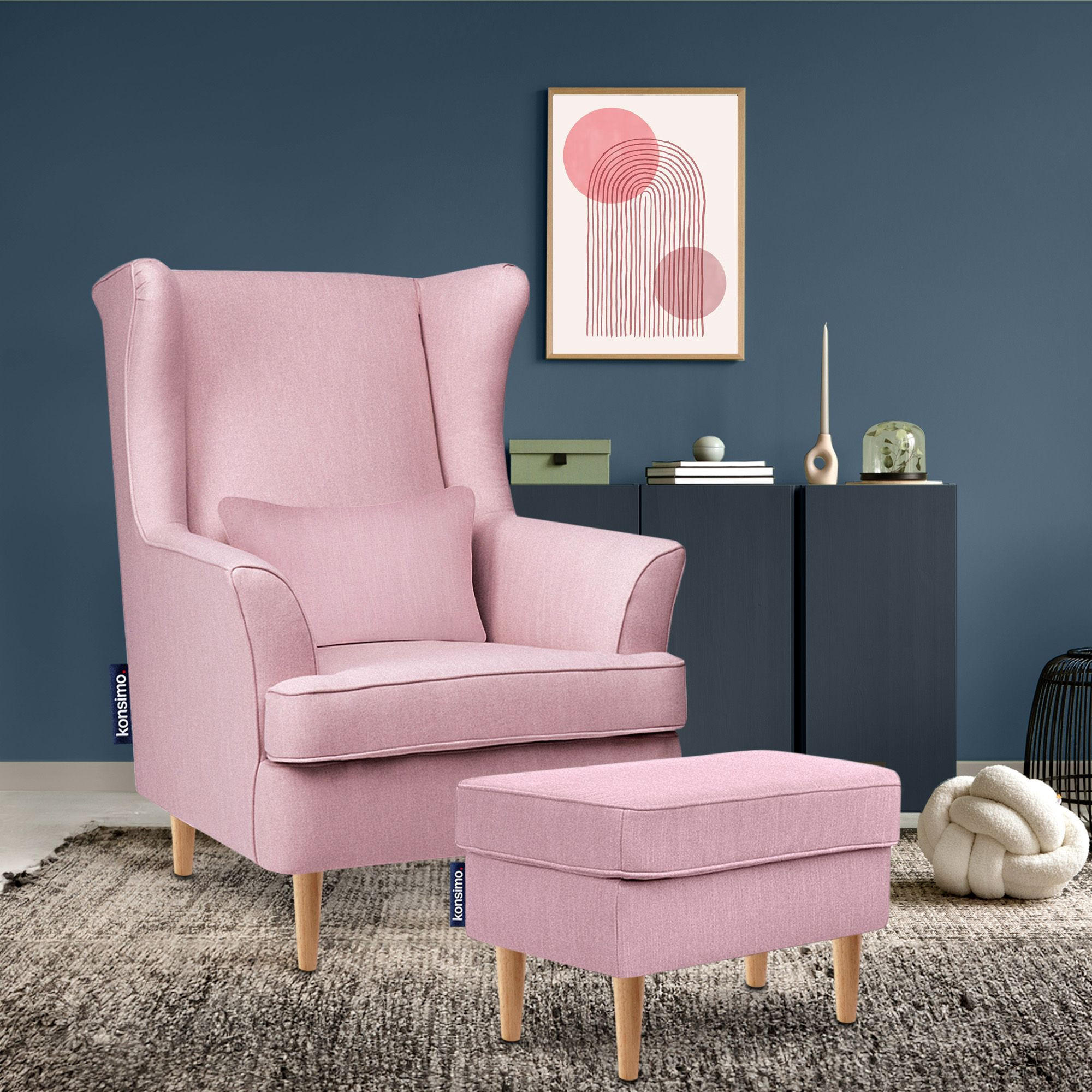 OHRENSESSEL STRALIS mit Sitzhocker, Rosa - Rosa, Textil (82/108/80cm) - KONSIMO®