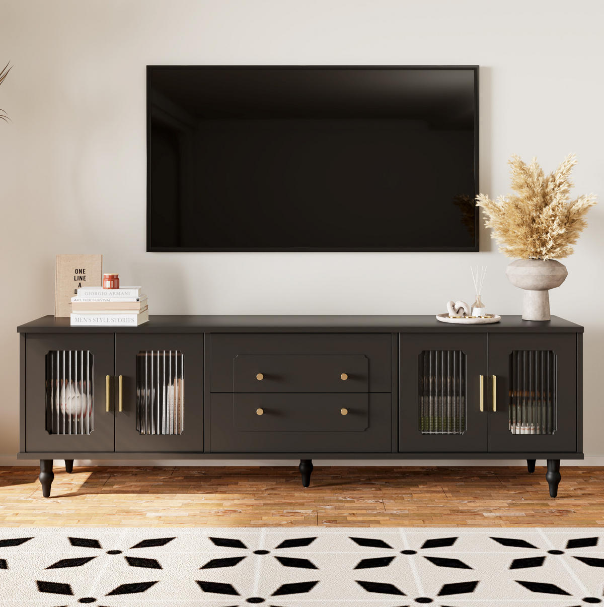 TV-SCHRANK 175/38/55,5 cm schwarz mit geriffelten Glastüren und goldenen Griffen - Schwarz, Holzwerkstoff (175/55.5/38cm) - OKWISH
