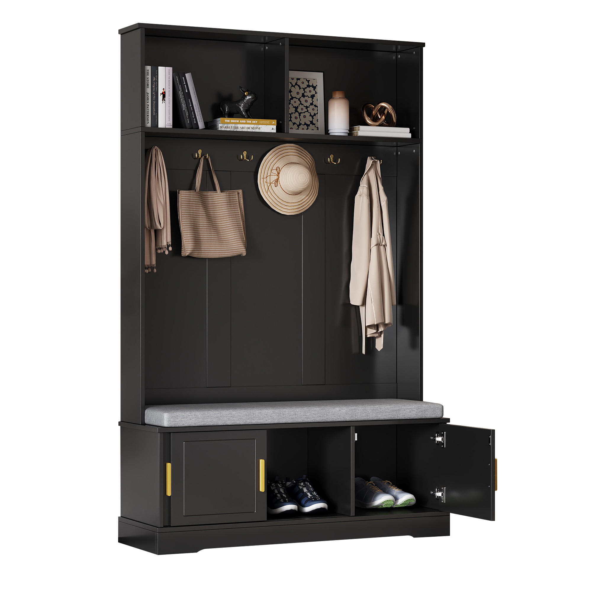 GARDEROBENSTÄNDER mit Bank 6 Haken Schwarz 120x40x191cm - Schwarz, Holzwerkstoff (40/191/120cm) - FLIEKS