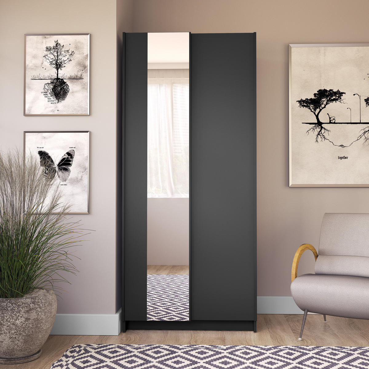 SCHIEBETÜRENSCHRANK SORVIA 06 - 80×182×54,6 cm 2-Türig Schwarz - Schwarz, Holzwerkstoff (80/182/54.6cm) - Milaros Markt