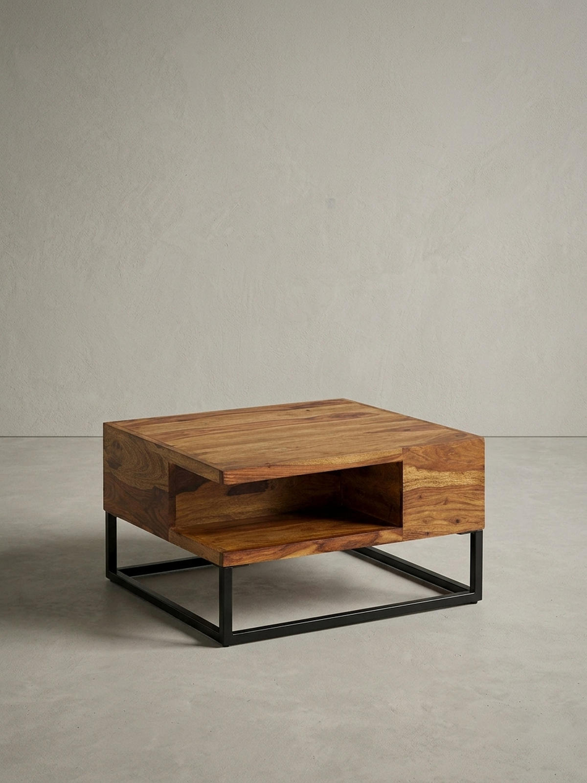 COUCHTISCH in Sheeshamholz mit Staufach, 60x60x34,5 cm, Industrial-Design - Schwarz/Braun, Holz/Metall (60/60/35cm) - KADIMA DESIGN