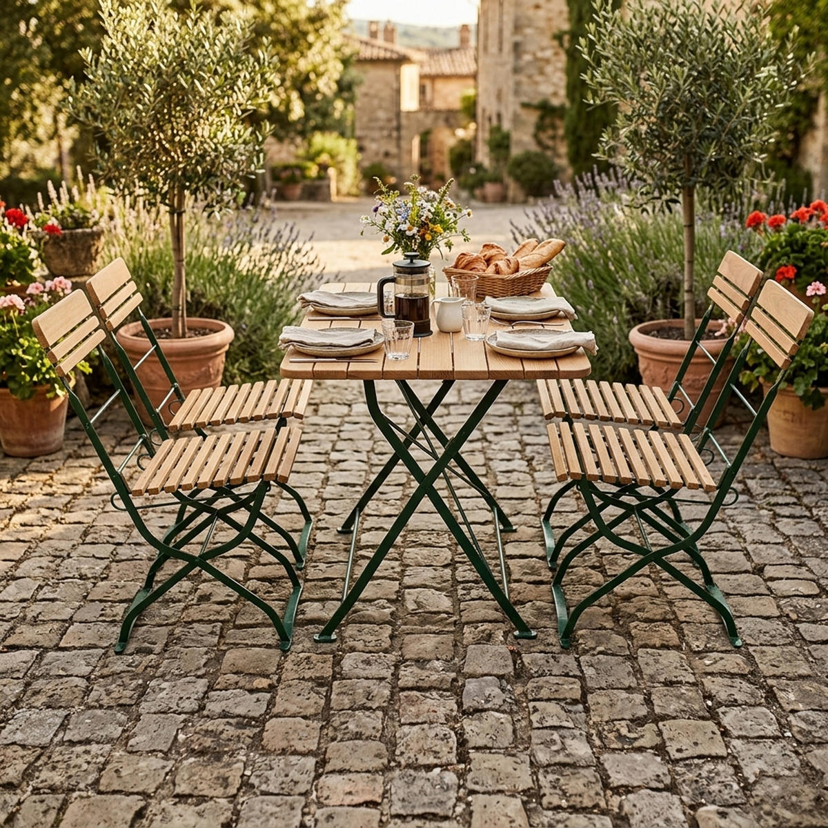 BIERGARTEN- GARTEN-GARNITUR Darwin 5-teilig, Flachstahl - Garten-Garnitur 5-teilig, Flachstahl Robinienholz -Gestell verzinkt grün - Grün, Holz - TPFGarden