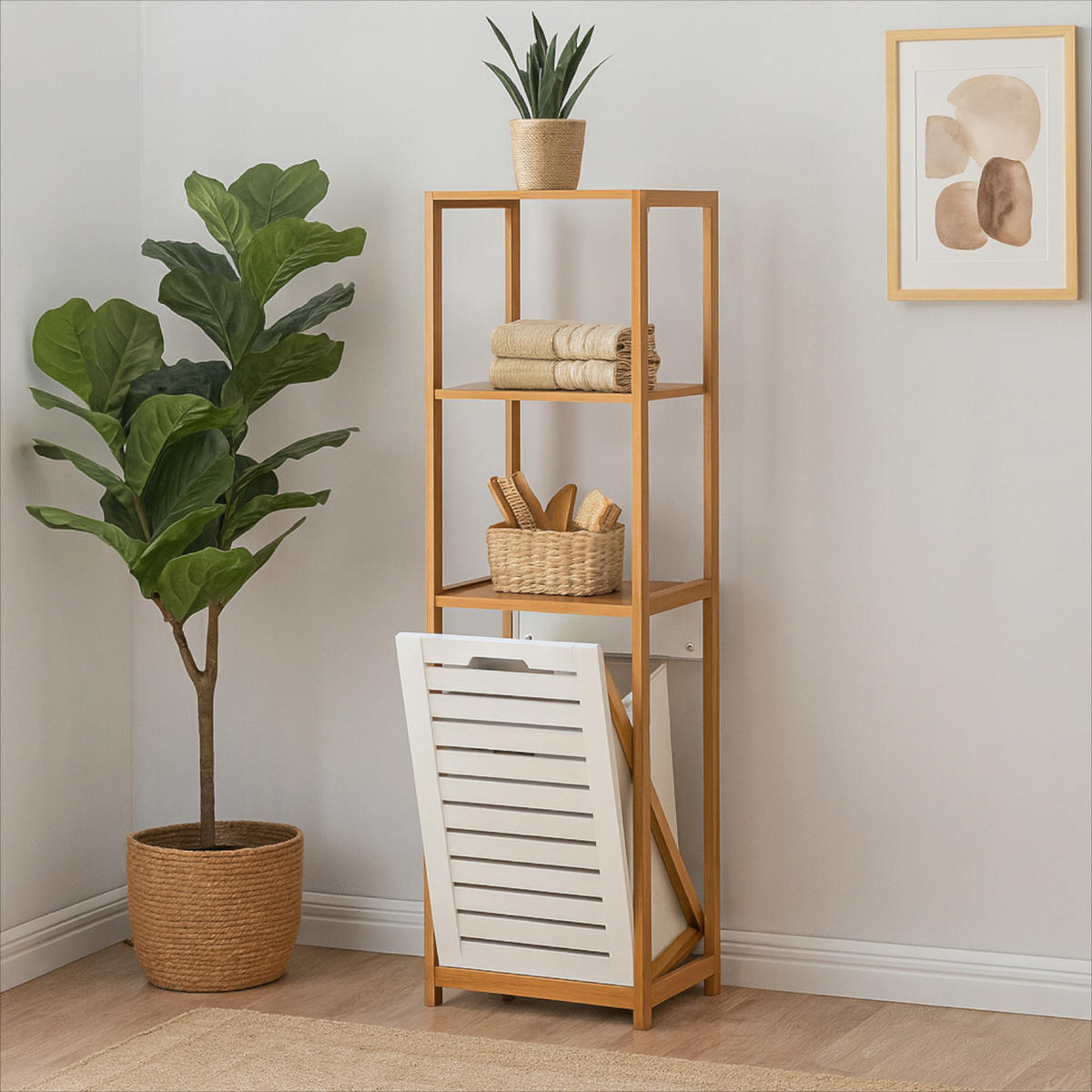 BADEZIMMERREGAL Bambus Weiß Wäschekorb 36/33/130 cm - Hellbraun/Weiß, Holz (36/130/33cm) - Begryf