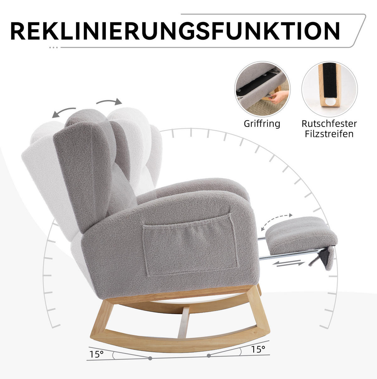 SCHAUKELSTUHL Teddy-Stoff mit Fußstütze und Seitentaschen 122.5/70/104 cm Grau - Grau, Textil (70/104/122.5cm) - Redom