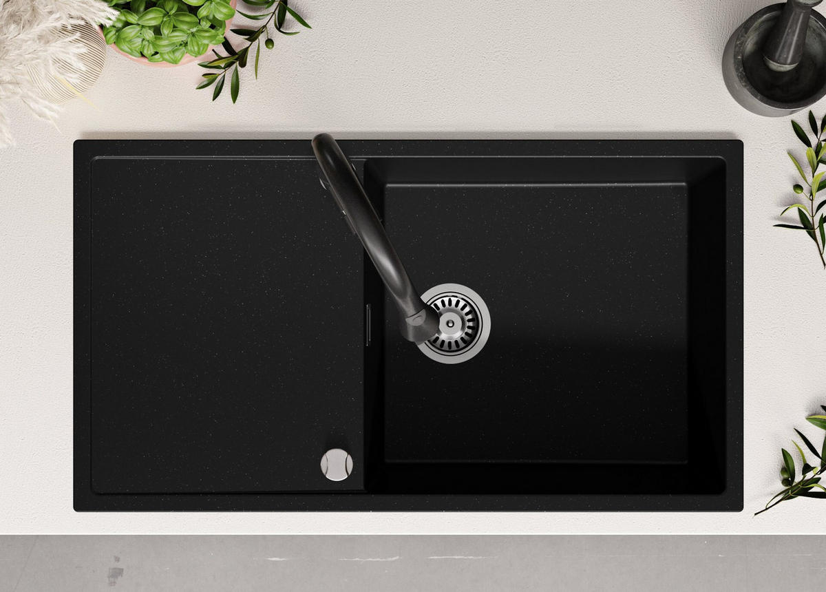 SPÜLBECKEN Ibiza, 2-er set Schwarz Metallic 90/50 cm 1 Becken + Ablauf-Set ab 60er Unterschrank - Chromfarben/Schwarz Hochglanz, Kunststoff (90/19/50cm) - Primagran