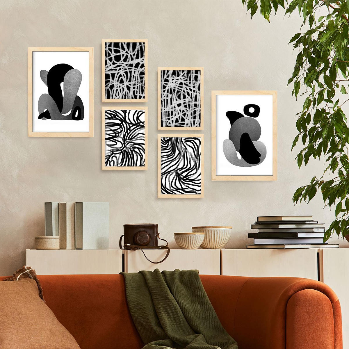 POSTER Set Mit 6 Kaput Handwerk In Liebhaber Abstrakt Ästhetische Dekorative Gemälde Für Ihr Wohnzimmer Zuhause A3 & A4 Rahmen Aus Hellem Holz - Beige, Papier (29/3cm) - Nacnic