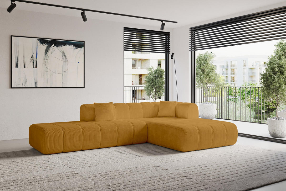 ROHOVÁ SEDAČKA s otomanem, pravá BILA-L 289x176x71 Hořčicová Manšestr - černá/tmavě žlutá, kompozitní dřevo/textil (289/176cm) - ALTDECOR