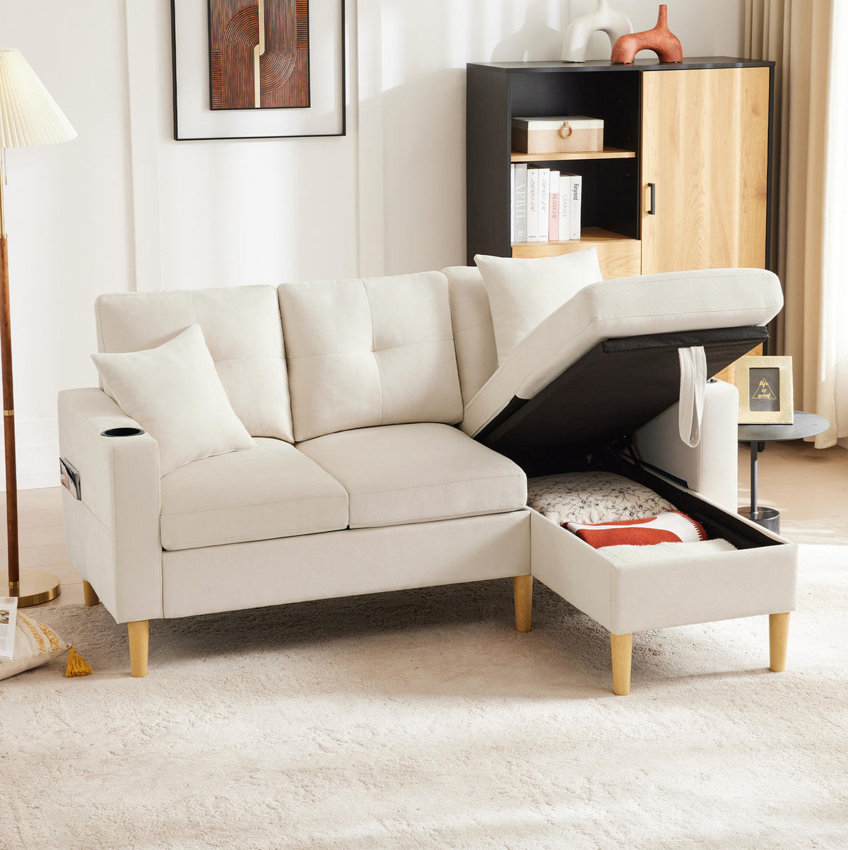 SOFA mit Chaiselongue und Stauraum 175 x 129 cm Baumwoll-Leinen Beige - Beige, Textil (175/129cm) - IVMEU