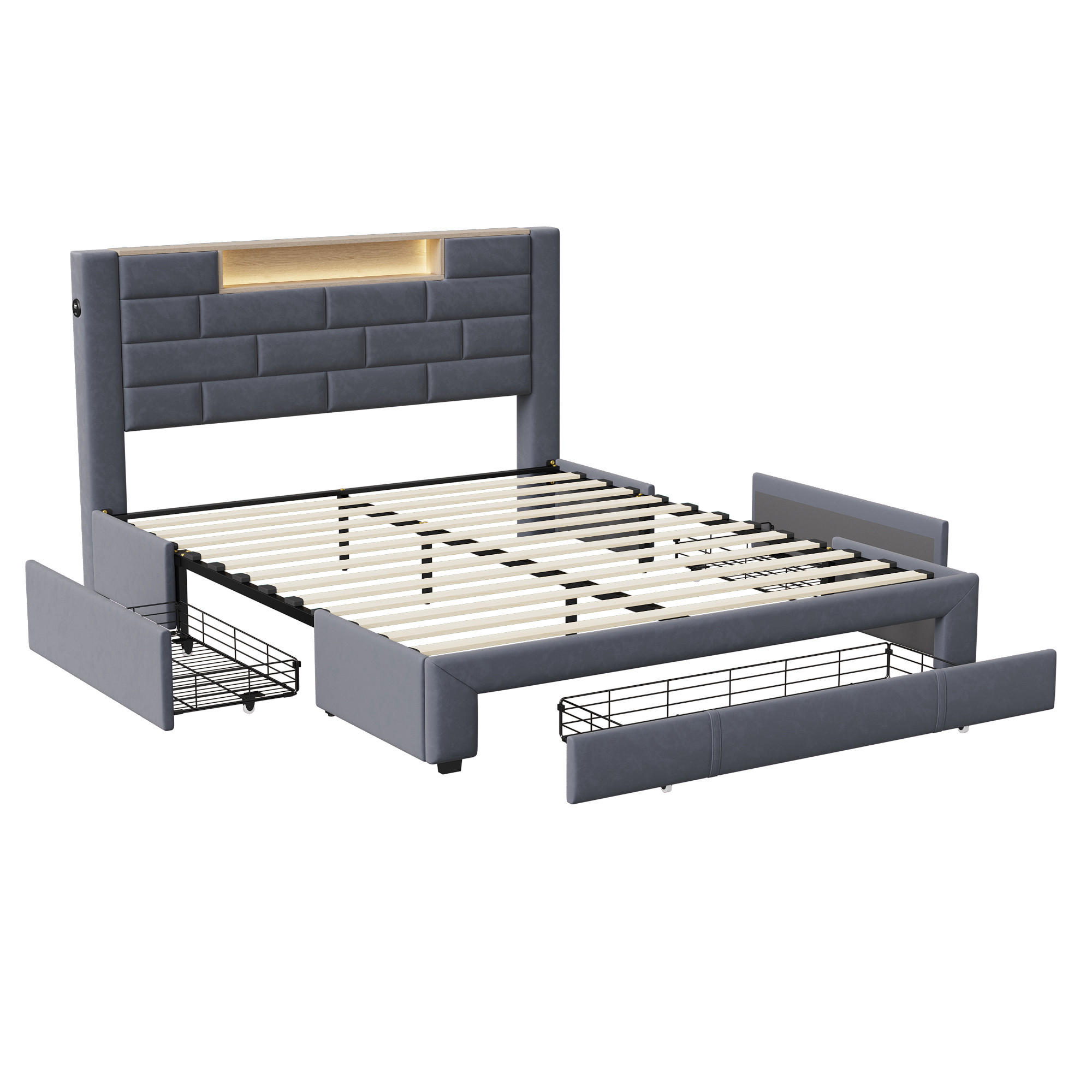 POLSTERBETT 160x200 cm, Grau, mit 3 Schubladen, LED & USB - Grau, Textil/Metall (160/200cm)