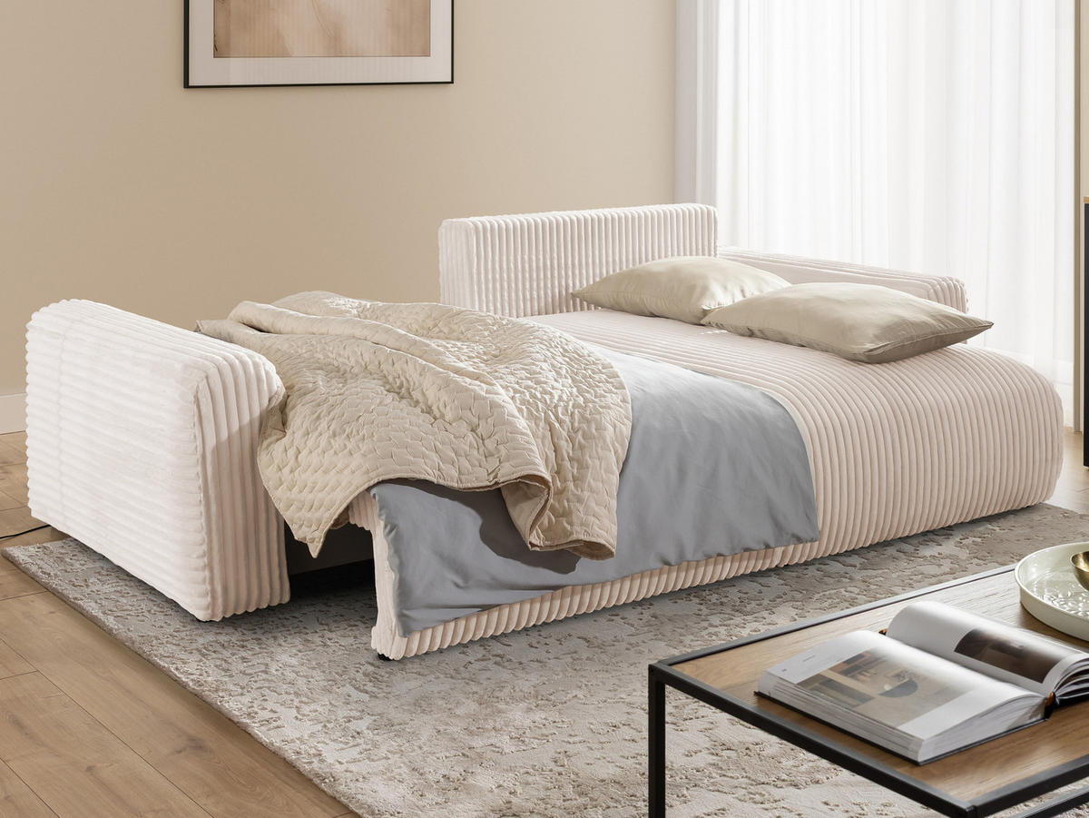 ECKSOFA Calma mit Schlaffunktion und Bettkasten im Bumpy-Design aus weichem Beige Plüschcord - Ottomane rechts - Beige/Schwarz, Holz/Kunststoff (140/239cm) - S-Style